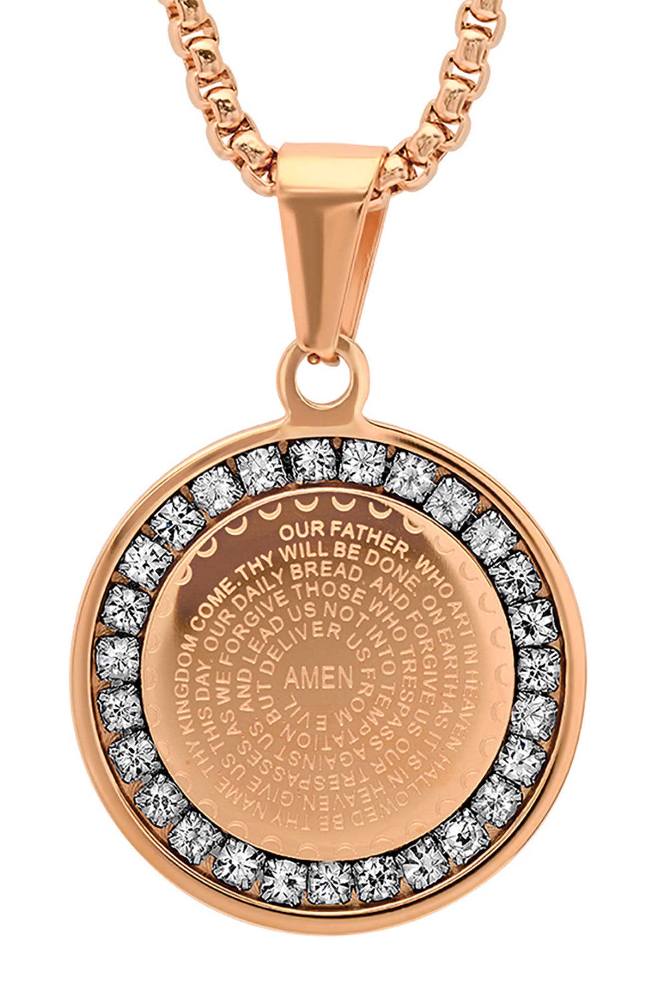 Ladies 18kt Gold Rose Plated Stainless Steel Our Father Lords Prayer Pendant Slanted Heart Comes with 18 Chain 